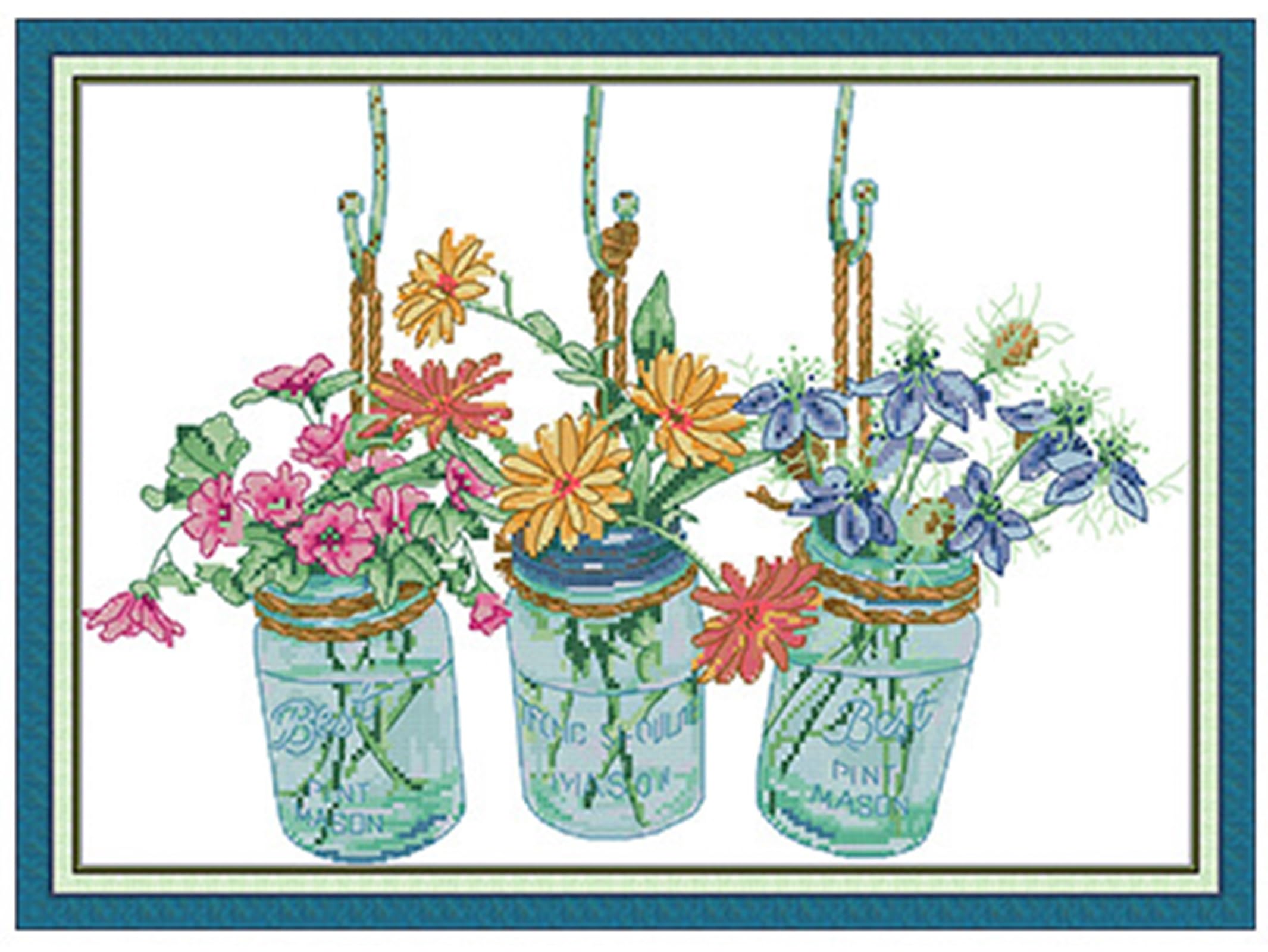 Rosyfoxes Cross Stitch Kits Stamped Full Range of Embroidery Starter Kits for Beginners DIY- Printed Kit Three Vase of Flowers 1(Printed) 11CT 3 Strands 20.9x15.4 inches