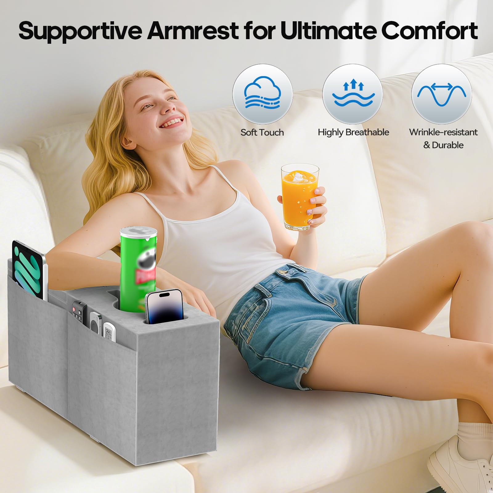 Sofa Armrest Pillow with Cup Holder, Large Removable Couch Armrest Cushion Tray Drink Holder Caddy with 4 Side Pockets for Remote, Glasses, Phone, Game Controller, iPad and Magazines-9.45in Height