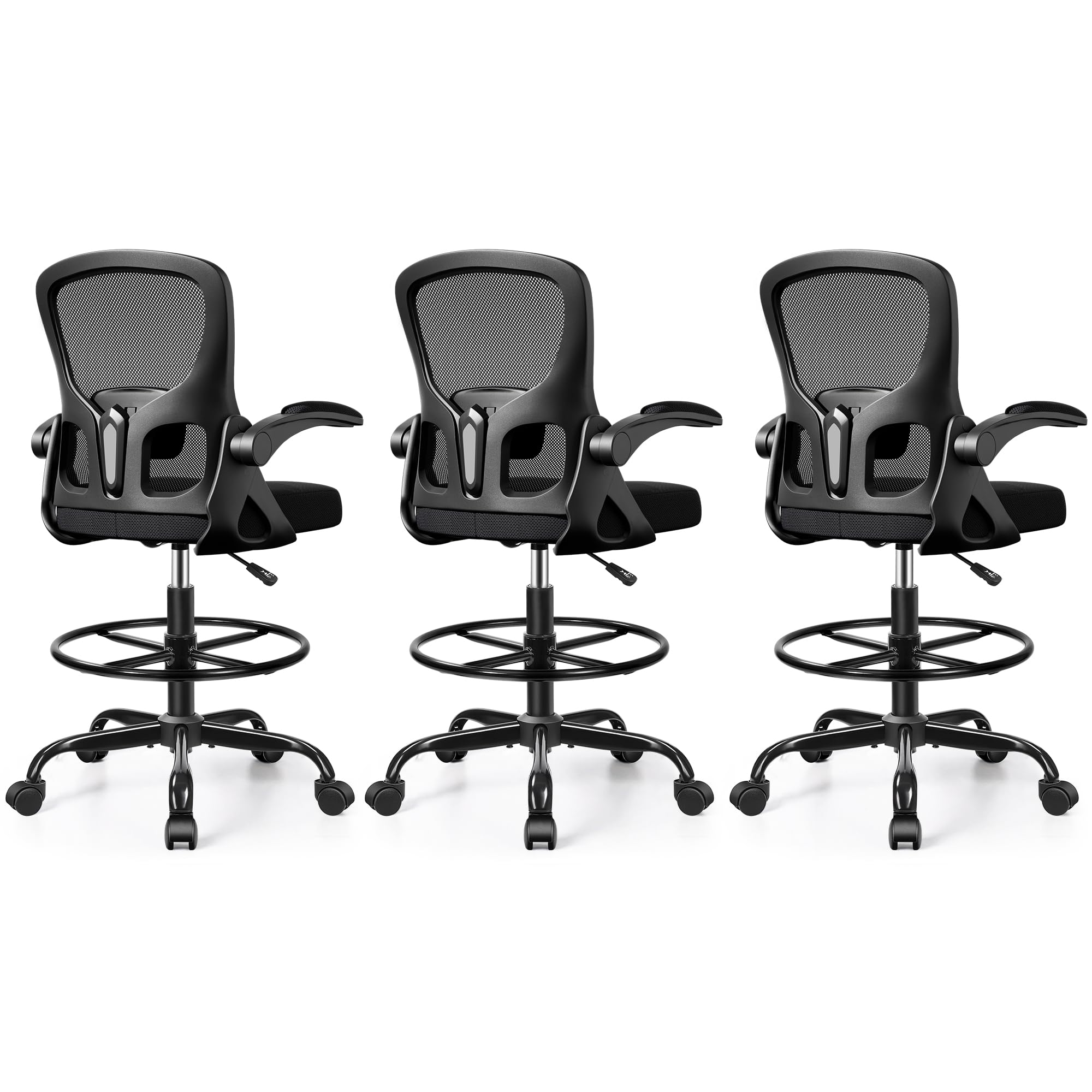 3-Pack Drafting Chair Tall Office Chair for Standing Desk - Ergonomic Computer Work Stool with Flip-up Arms, Foot Ring &amp; Adjustable Lumbar Support. Ideal for Studio, Artist,Study (Black)