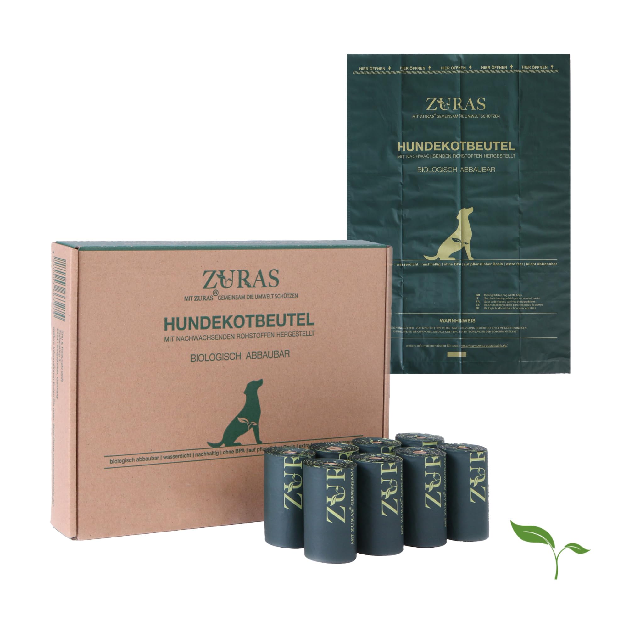 ZURAS® 100% Biologisch abbaubare Hundekotbeutel auf pflanzlicher Basis, 315 Kotbeutel, 21 Rollen, 20µm extra dick, reißfest und wasserdicht, DIN EN 13432, kompostierbar