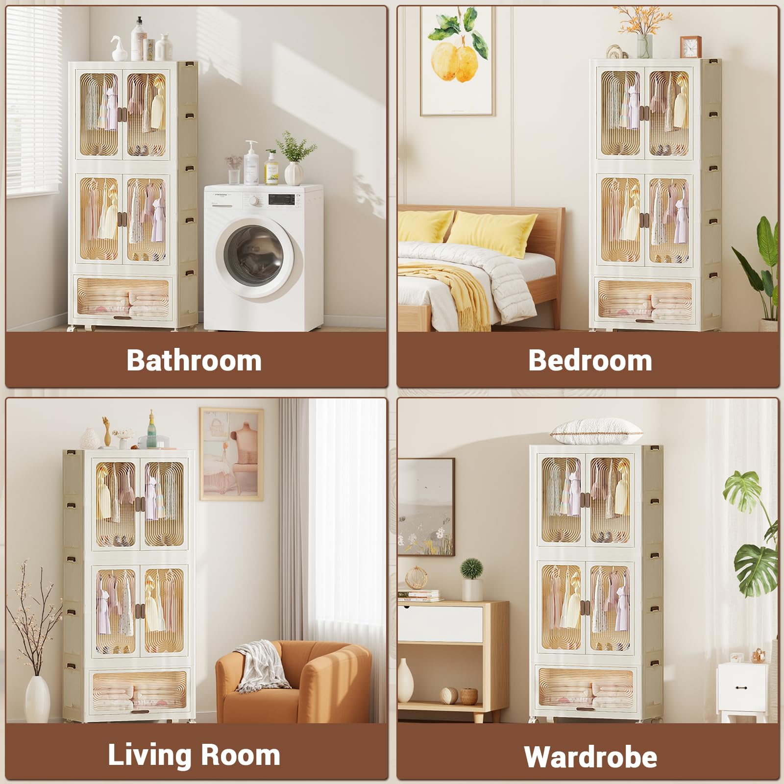 Armoire Pliante Portable, Commode Pliante en Plastique avec Tringle à vêtements, penderie à Double Porte, Armoire Multifonction Pliable avec roulettes (2 suspensions + 1 Rangement)