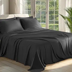 Shilucheng 100% Viscose Derived from Bamboo_ Sheets Full Size 6pcs - Ultra Cooling & Silky Soft Bed Sheets, 16" Deep Pocket, Perfect for Hot Sleepers, Hotel Bedding Sheets (Black)