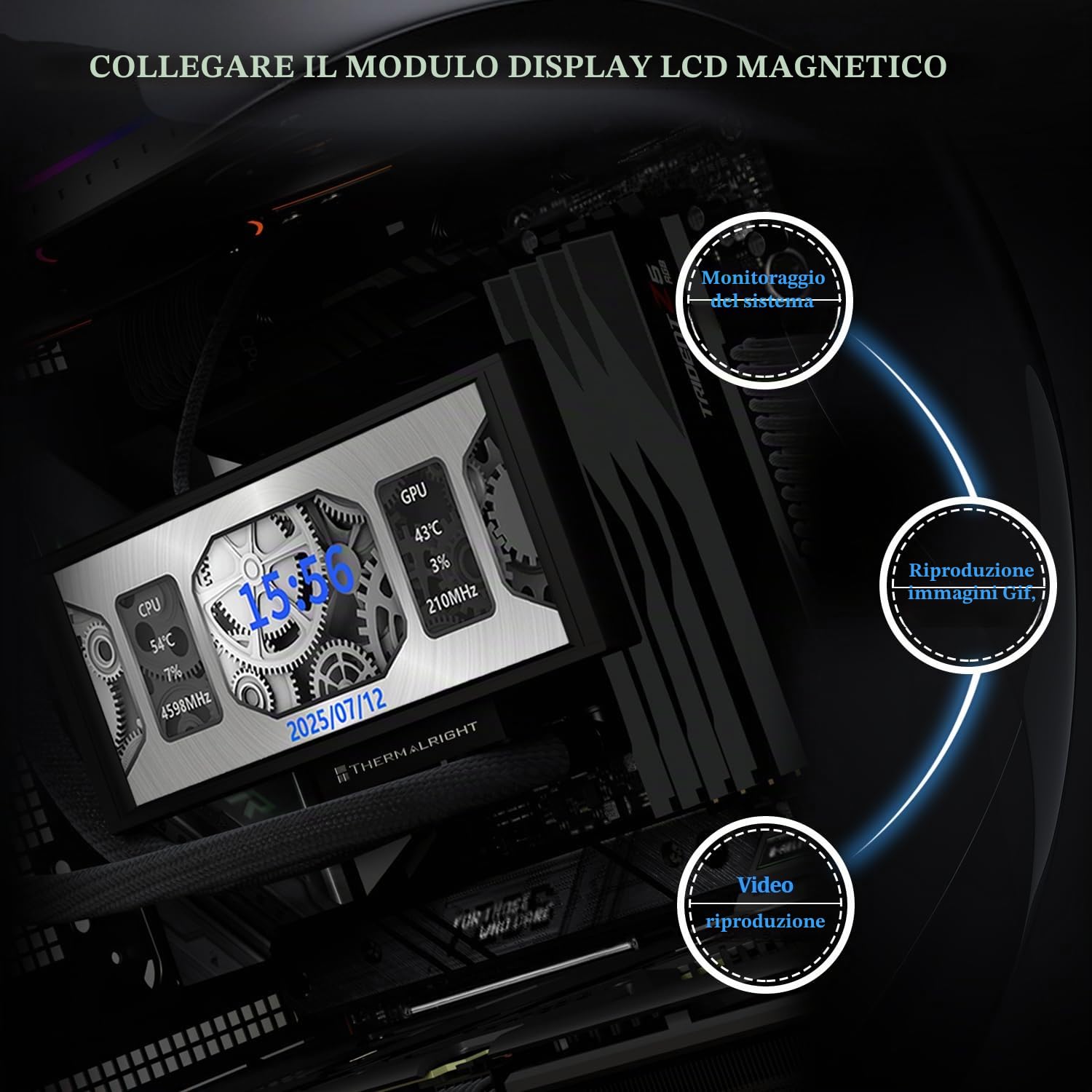 Thermalright TR Trofeo Vision 360 ARGB Black CPU Liqud Cooler, schermo LCD IPS magnetico da 6,86 pollici, risoluzione 2400 x 1080, raffreddamento a liquido CPU per AM4/AM5, Intel LGA1700/1851