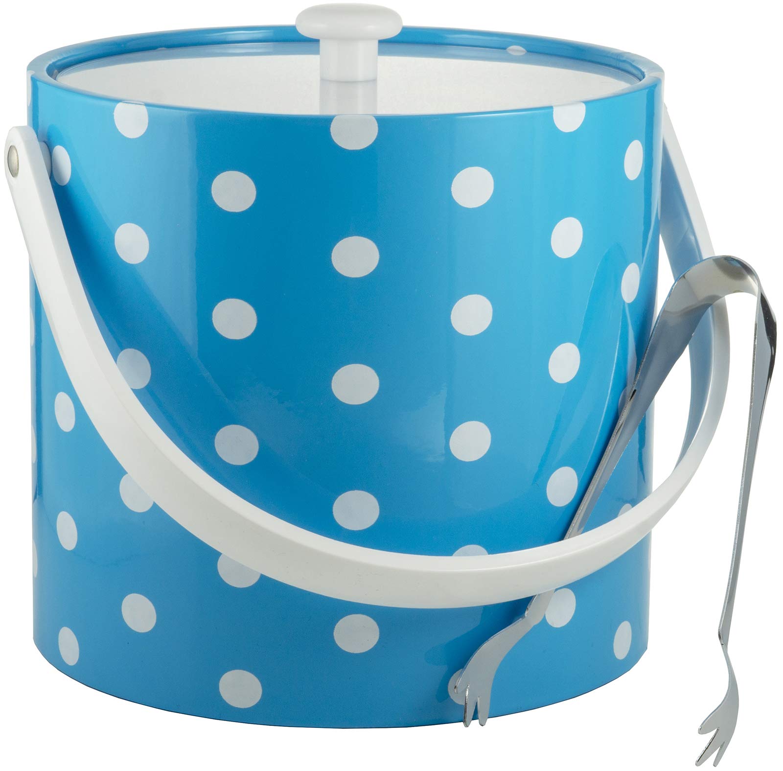 Hand Made In USA Turquoise & White Double Walled 3-Quart Insulated Ice Bucket With Ice Tongs (Polka Dot Collection)