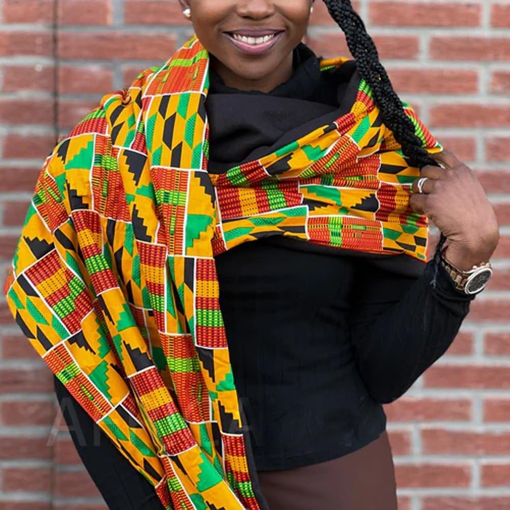 2 Pezzi Africani Kente Stampa Stola Fascia, Unisex Africano Modello Kente Scialle Cappello Kufi per Storia Africana Nera Uomo Bambino