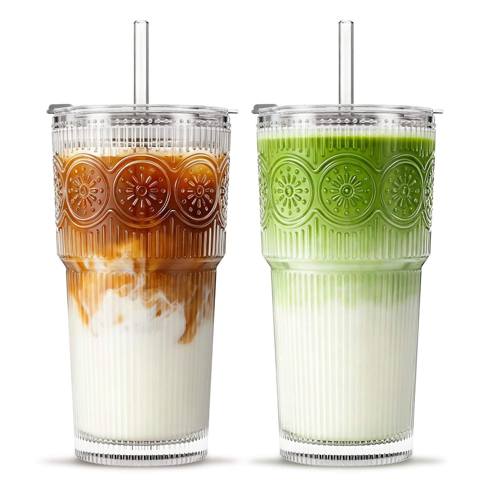 INSETLAN 2 Stück 600ml Gerippte Glasbecher mit Deckel und Strohhalm, dickwandige und robuste Smoothie Becher aus hochwertigem Glas, luftdichtes und wasserdichtes Design, ideal als Kaffee