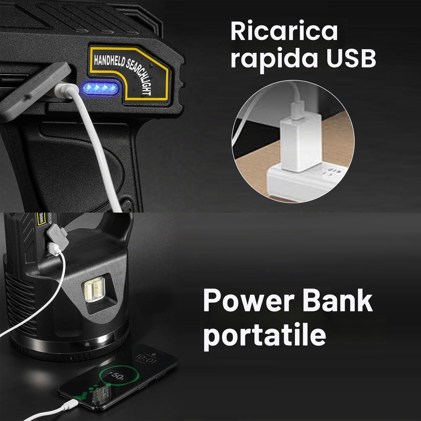 Torcia LED Ricaricabile con Proiettore - 1500 Lumen Super Luminosa, 6 Modalità, IPX7 Impermeabile, 4500mAh 25H, Luce COB, Treppiede Regolabile per Esterno, Sicurezza, Emergenza