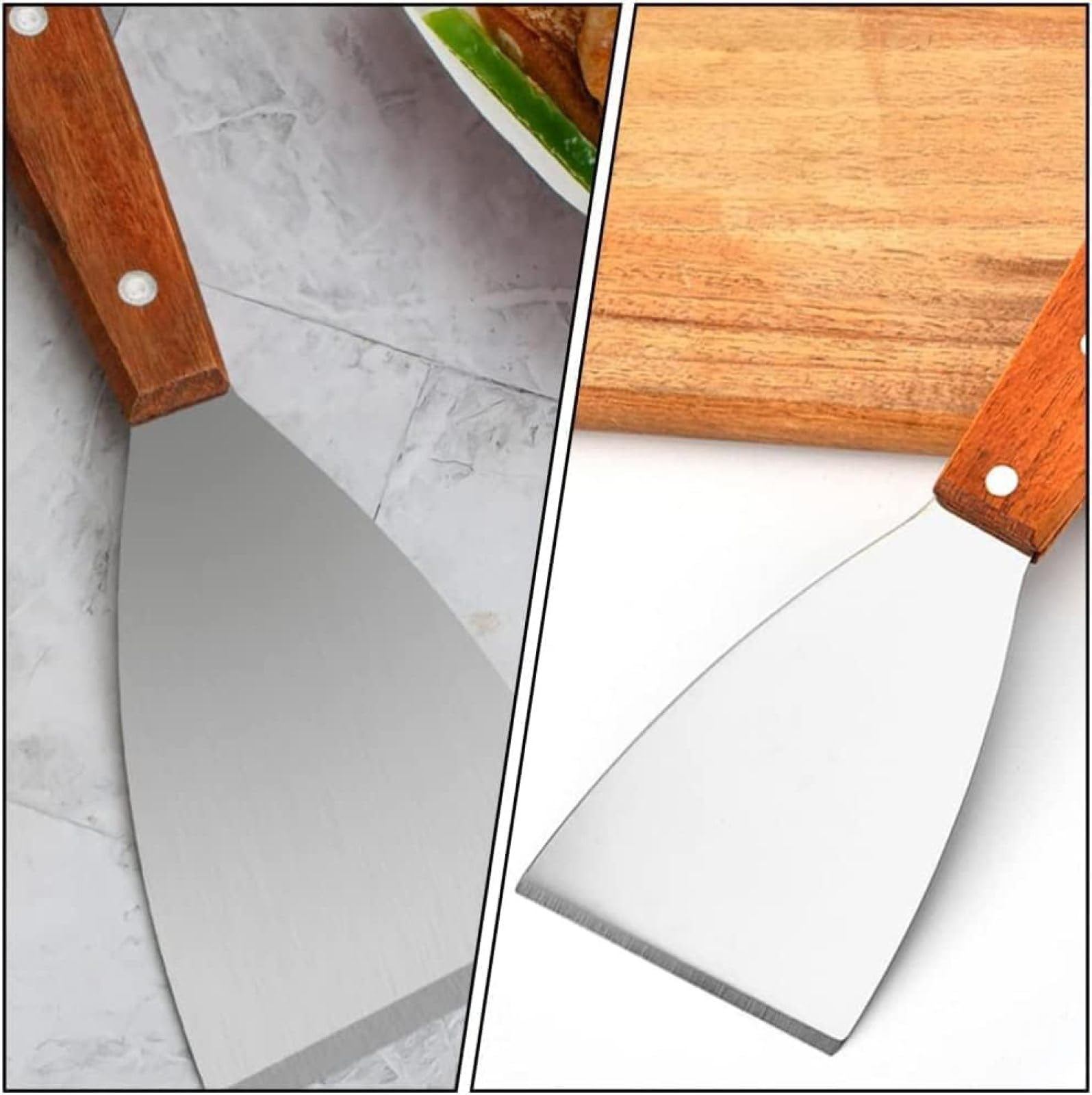 Lot De 2 Spatules En Métal Pour Poêle En Fonte, Spatule De Gril En Acier Inoxydable, Tourne-crêpes, Grattoir, Outils Teppanyaki Avec Manche En Bois Pour La Cuisson Du Barbecue,Couleur Assortie,Ple