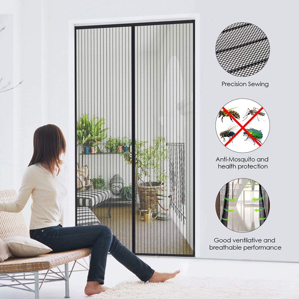 Moustiquaire à Fermeture Aimantée，Écran Magnétique Rideau De Porte Défense Contre Moustiques Ou Insectes Convient Portes Jusqu'àKit D'Installation Complet Punaises Et Bande Adhésive Inclus（Blanc Noir）