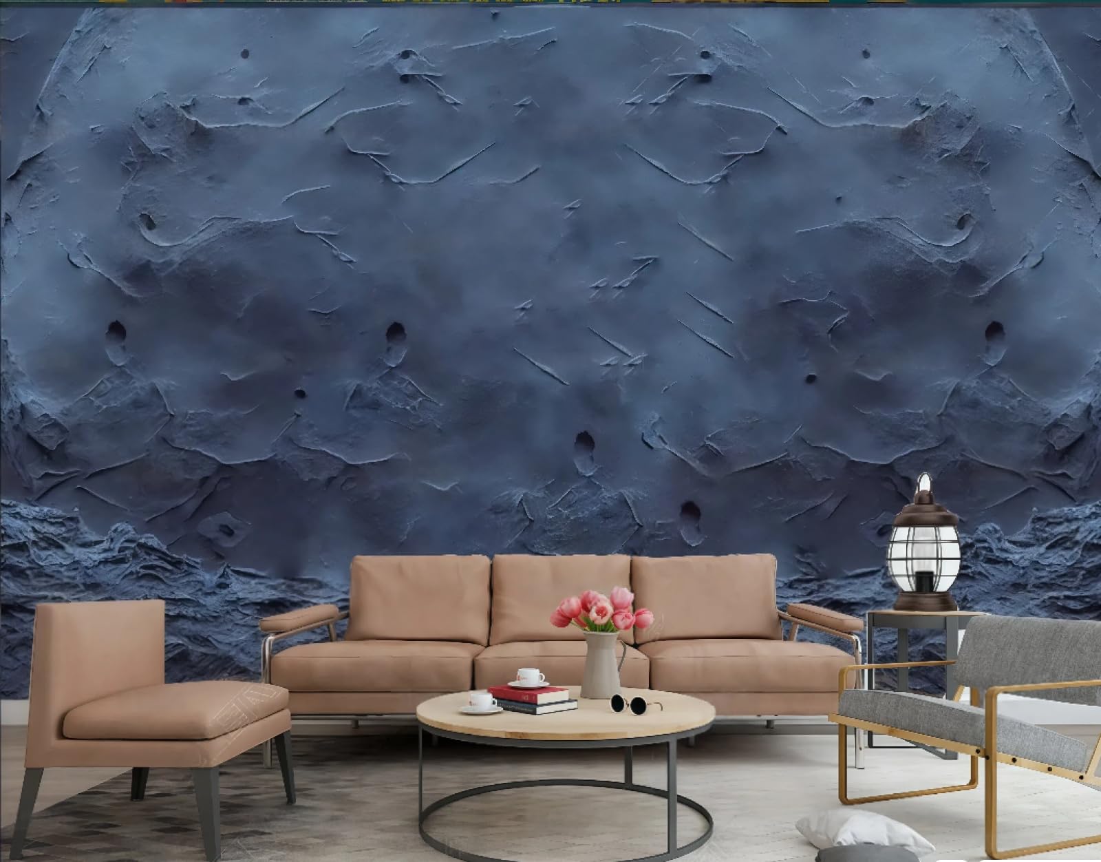 Tapeta sztuka nowoczesna ciemnoniebieski księżyc tłoczony wzór skały scena nocna malarstwo telewizor sofa tło tapeta ścienna salon restauracja kawiarnia, 3D, 430 x 300 cm