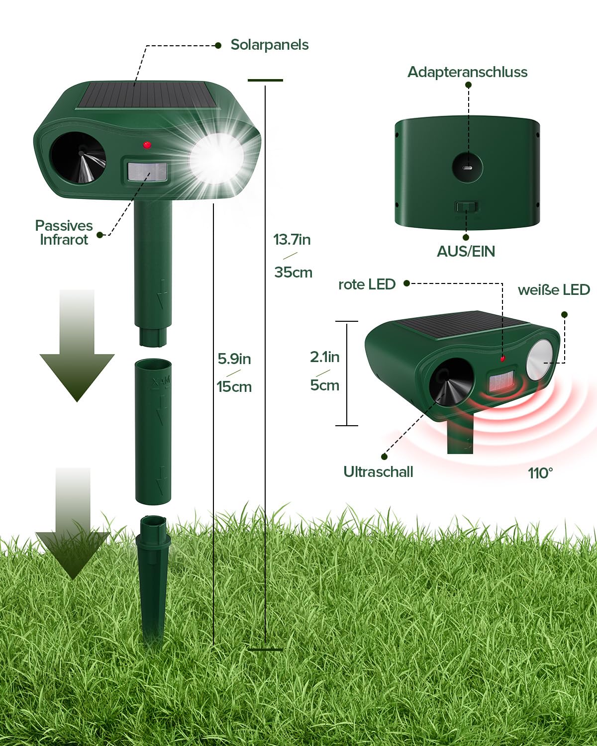 Ahuyentador de gatos ultrasónico solar y relámpago, repelente de topos IPX4, resistente al agua, para jardín, eficaz contra gatos, ratones, perros, pájaros y plagas