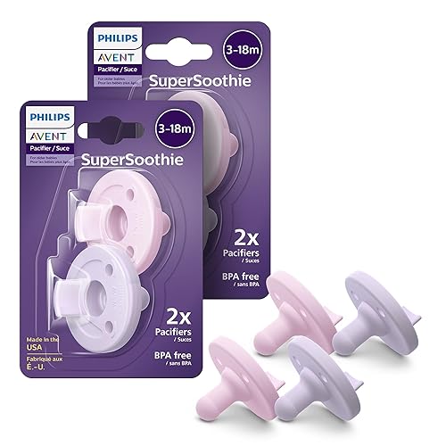 Philips Avent Soothie - Chupetes de ortodoncia para bebé, 100 % silicona, sin BPA, para bebés de 3 a 18 meses, 2 lilas y 2 rosas, paquete de 4,