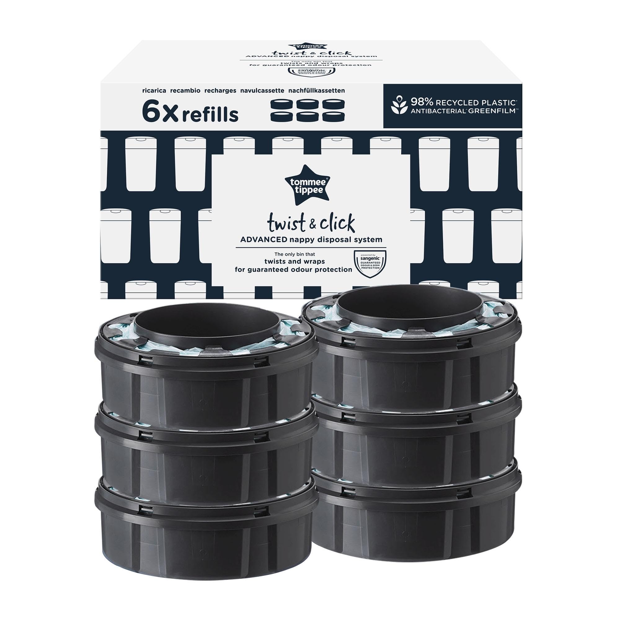 – Twist and Click Advanced Nappy Bin Refill Cassettes, Sustainably Sourced Antibacterial GREENFILM, Pack of 6