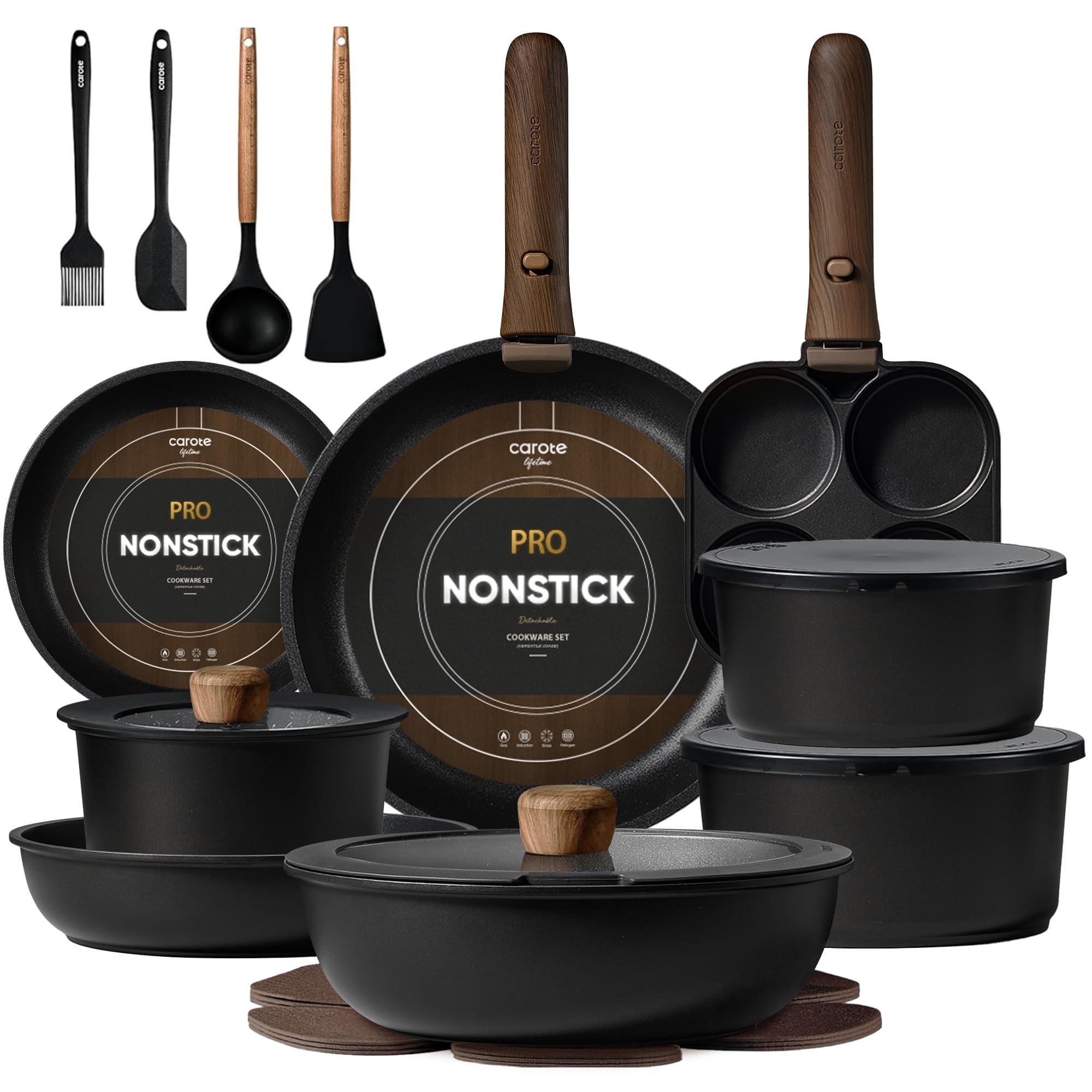 25pcs Pots and Pans Set Non Stick, Cookware Sets, Kitchen Set, Oven/Dishwasher/Fridge Safe, Space Saving Pots Set, Nonstick Set with Versatile Detachable Handle, Induction RV Set, Black
