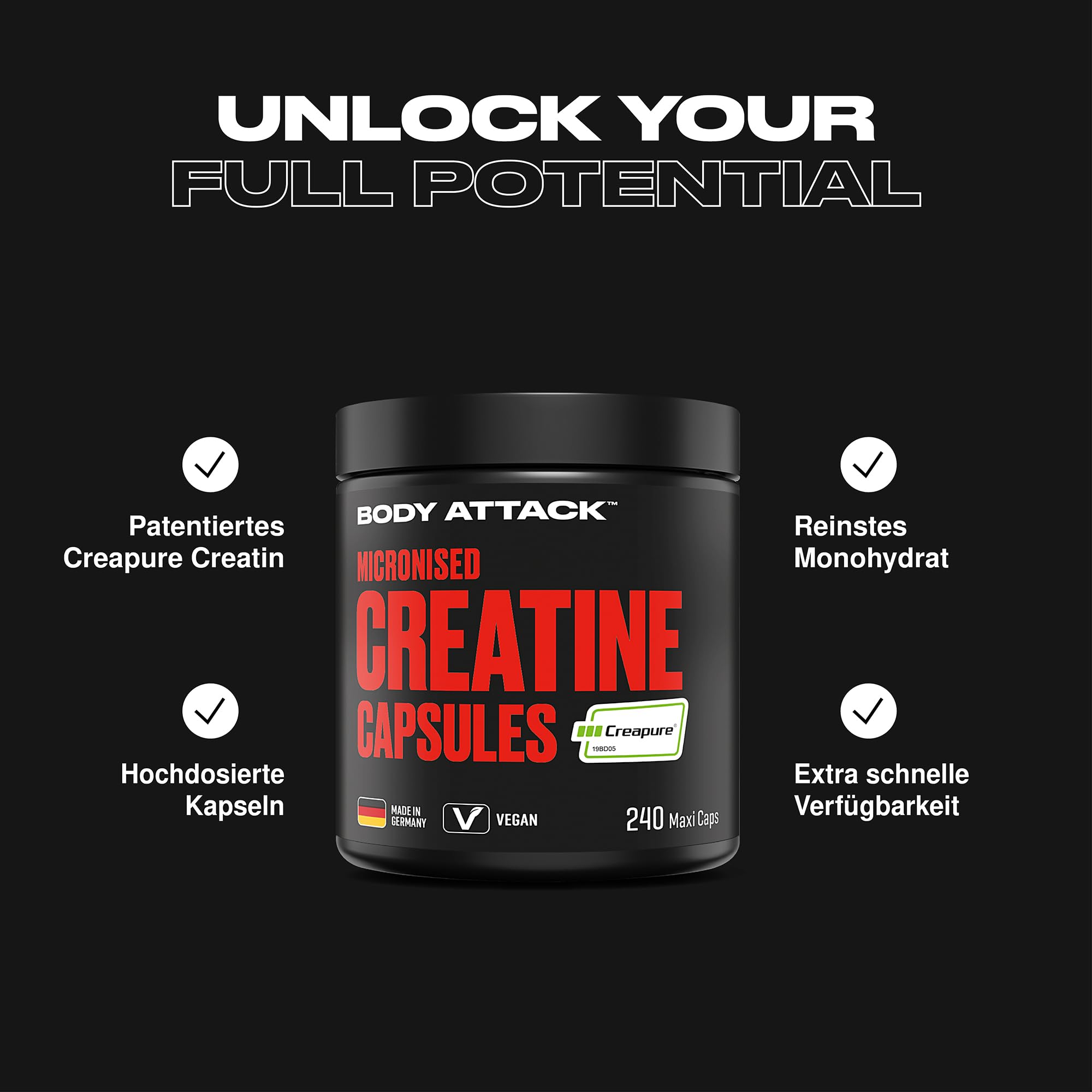 Body Attack Micronised Creatine Kapseln (Creapure®) 240 Caps - hochwertiges Kreatin 100% Made in Germany - hochdosiert für Fitness & Kraftsport, vegan