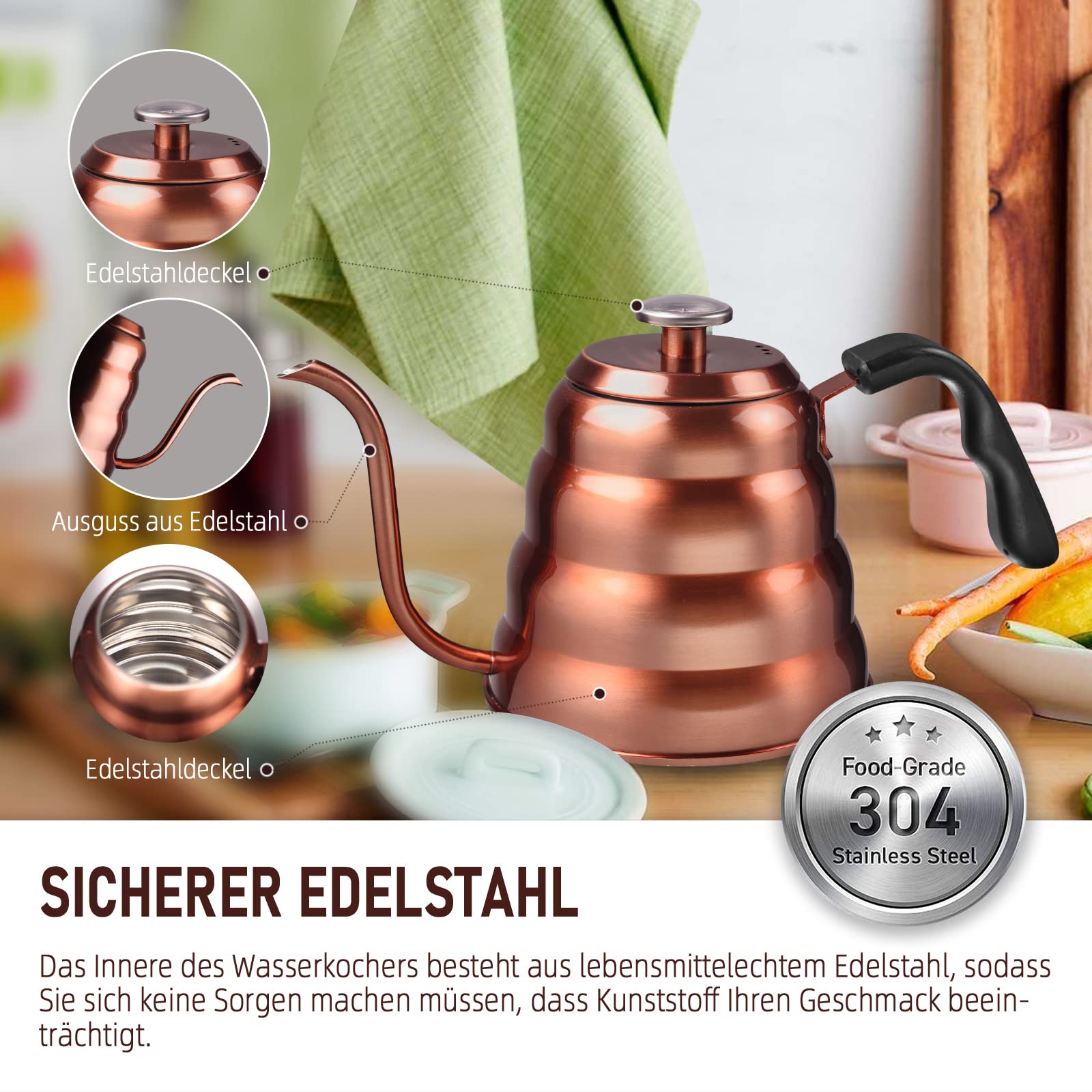 HöHscheid Hervidor de agua de cuello de cisne, 1200 ml/40 oz, inducción, acero inoxidable, cuello de cisne, hervidor de agua con termómetro