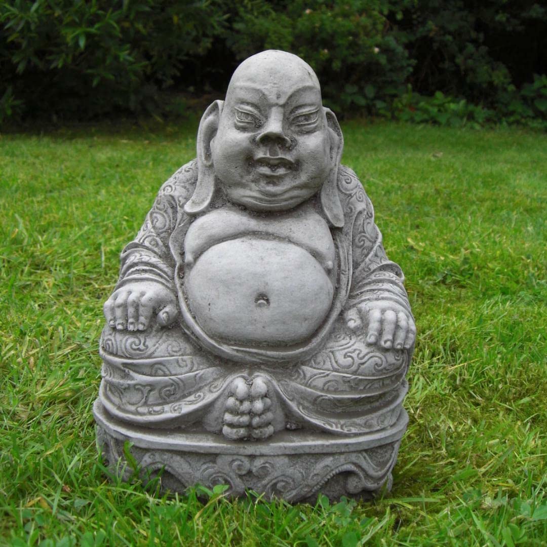 DGS STATUES – Stone Cast, Stretched Earlobe Old Fat Buddha, Hand Finished, Statue Sculpture