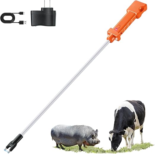 Rechargeable Cattle Prod, Waterproof Electric Livestock Prod with 2 LED Lights, Rechargeable Animal Prod for Farm Ranch Herding and Big Large Dogs, Livestock Shock Stick with Flexible Shaft