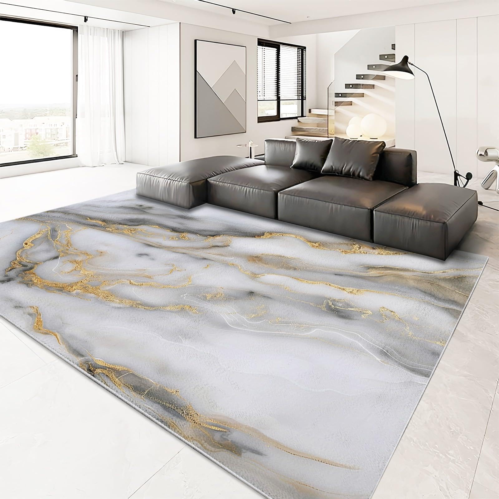 Tappeto in marmo grigio oro, tappeto per soggiorno, 160x240 cm, tappeto moderno per camera da letto a pelo corto, arte astratta, tappeto lavabile morbido e antiscivolo, tappeto per ufficio