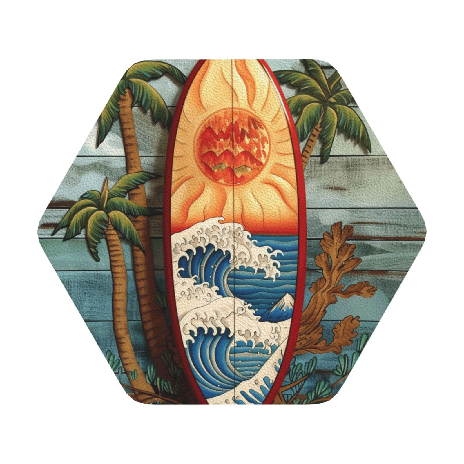 Surfing Board Print Leather Coaster Set of 6, Hexagon Coasters Table Decorative Coffee Cup Beverage Coasters Wine Beer Bar Coasters for Hot Drinks Table Protection