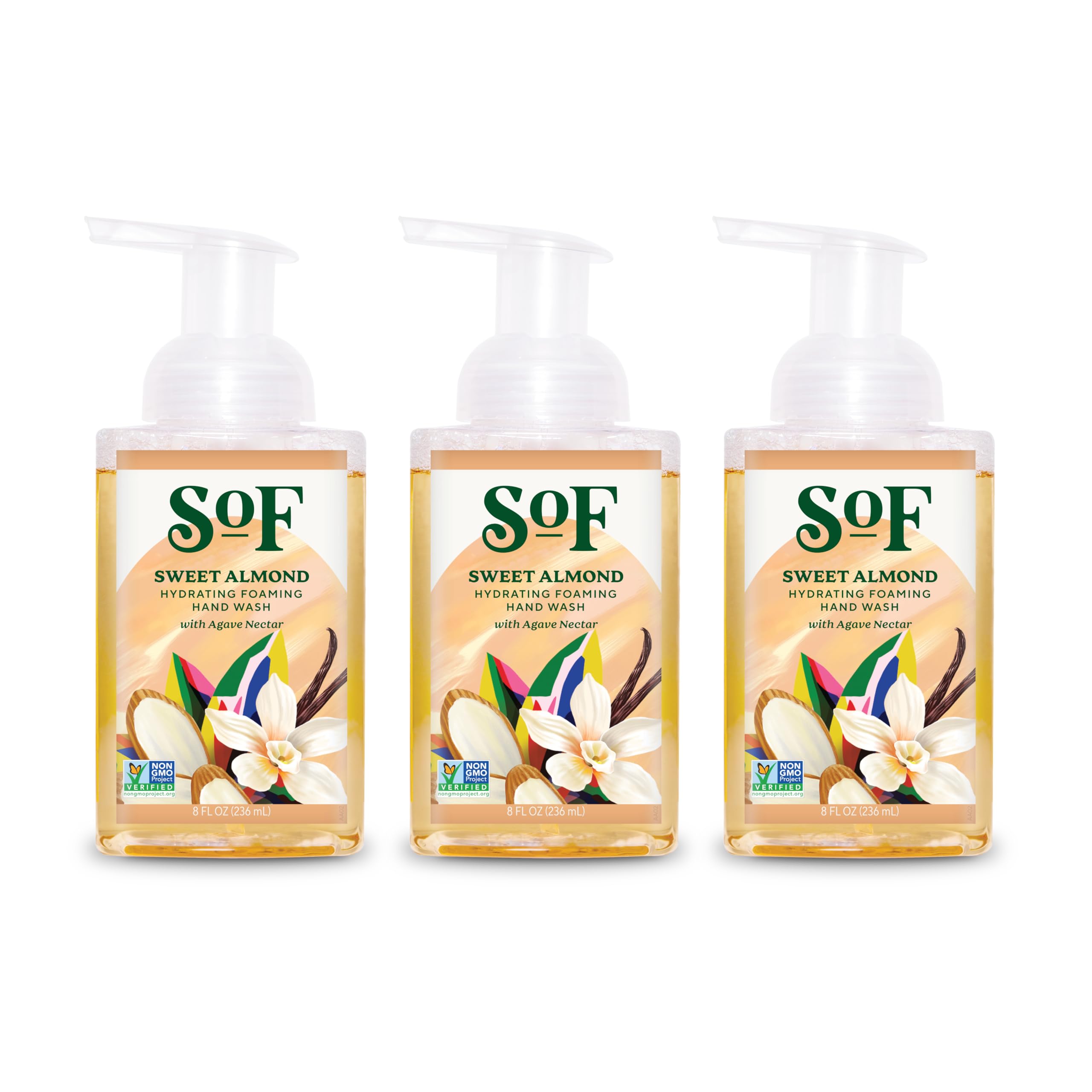 SoF Hydrating Foaming Hand Wash - With Organic Agave Nectar & Coconut Oil- Vegan & Non GMO- Free From Phthalates, Sulfates & Parabens- Sweet Almond - 8 oz Bottle 3 Pack