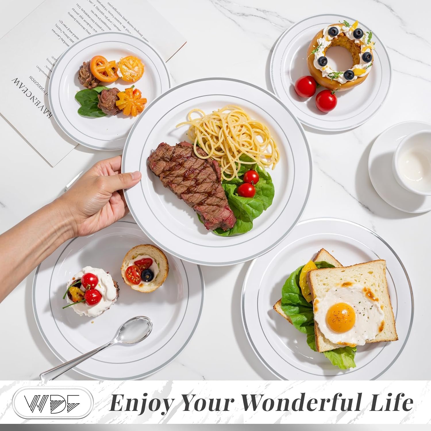 WDF 120PCS Plastic Plates White Silver Rim - Disposable Plates including 60PCS for Dinner 10.25inch, 60 Salad/Dessert Plates 7.5inch Heavy Duty Wedding Party Birthday - Image 10