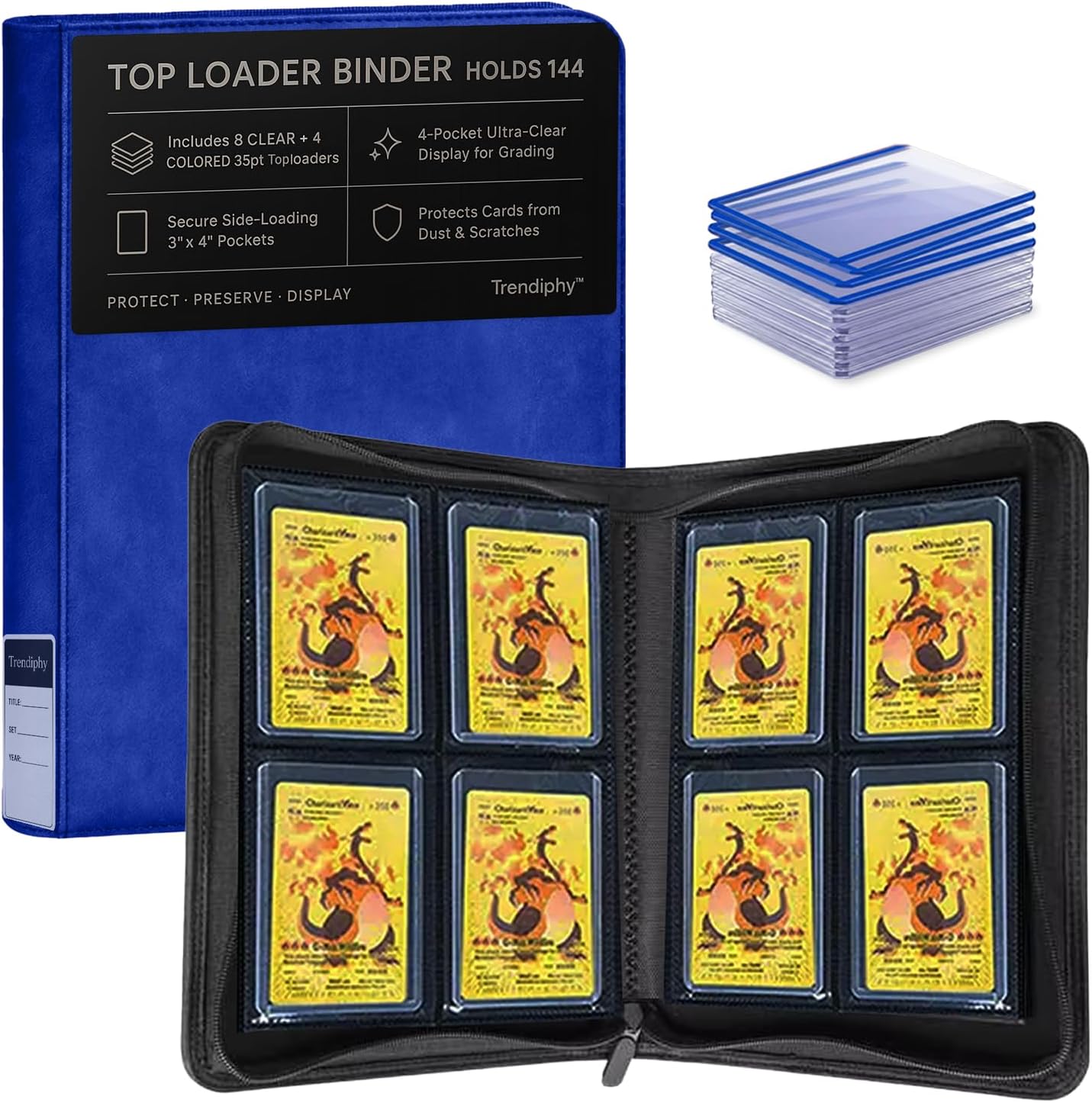Top Loader Binder, 4 Pocket (3" x 4"), Holds 144 Toploaders, Includes 12 Toploaders (8 Clear + 4 Color Matched), Side-Loading Zippered Binder for TCG, MTG & Sports Cards (Blue)