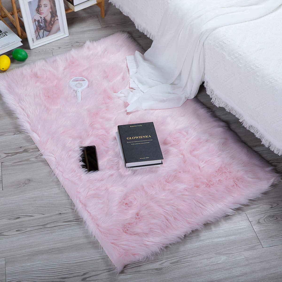Soft Faux Fur Rug White Sheepskin Chair Cover Seat Pad Shaggy Area Rugs for Bedroom Sofa Living Room Floor (Pink, 2.5x4 Feet Square)