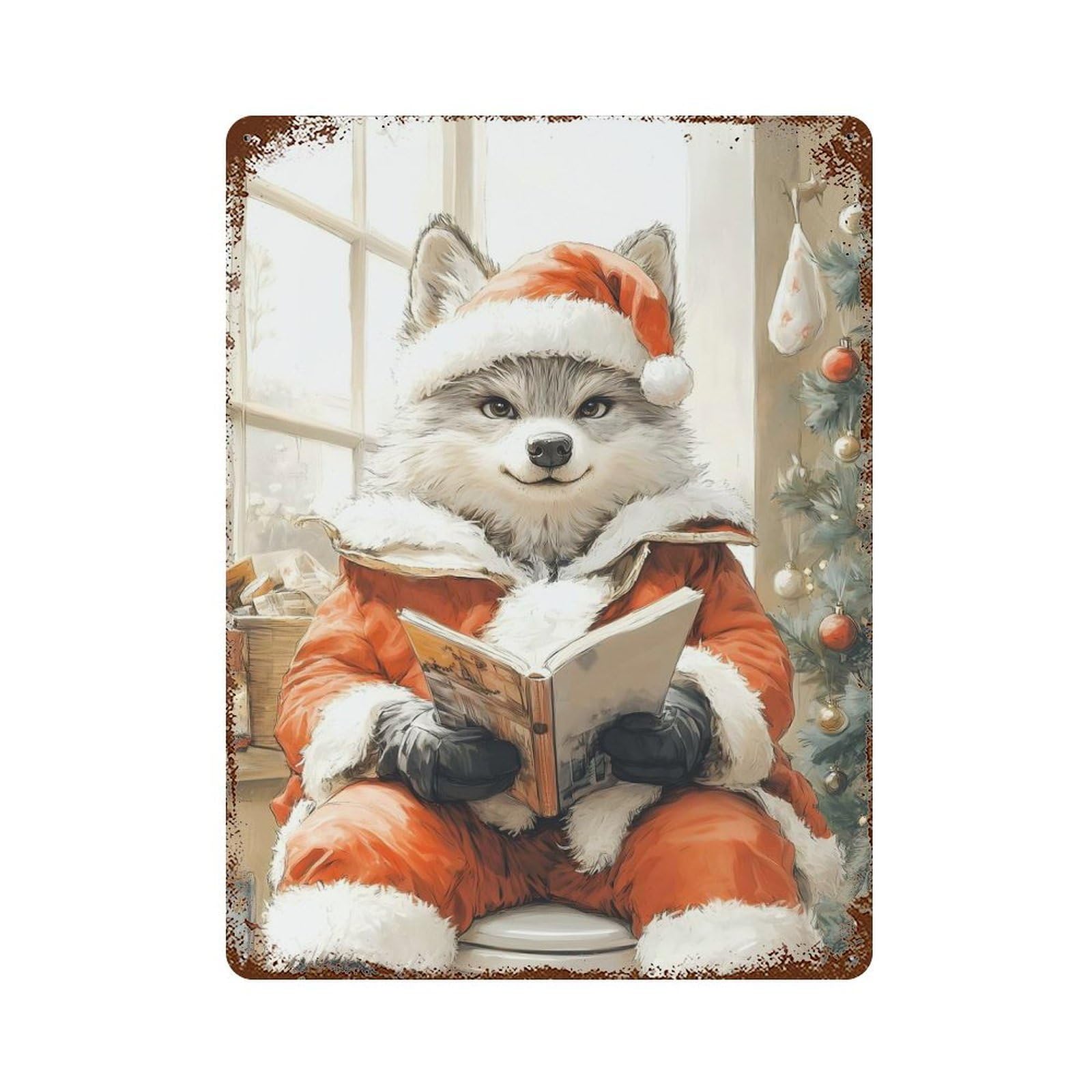 Rust Effect Wolf in Santa Suit Reading Distressed Metal Wall Sign 15.7"x11.8", Decorative Metal Wall Art for Living Room, Hallway And Home Decor