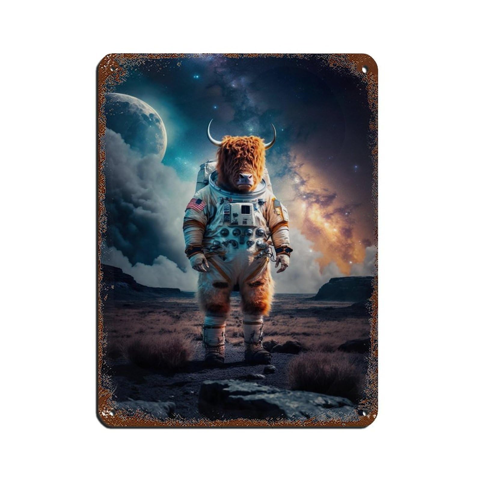 Astronaut Highland Cow, Futuristic Animal（1） Tin Sign Vintage Metal Pub Club Cafe Bar Home Wall Art Decoration Poster Retro 12x16inch(30x40cm)