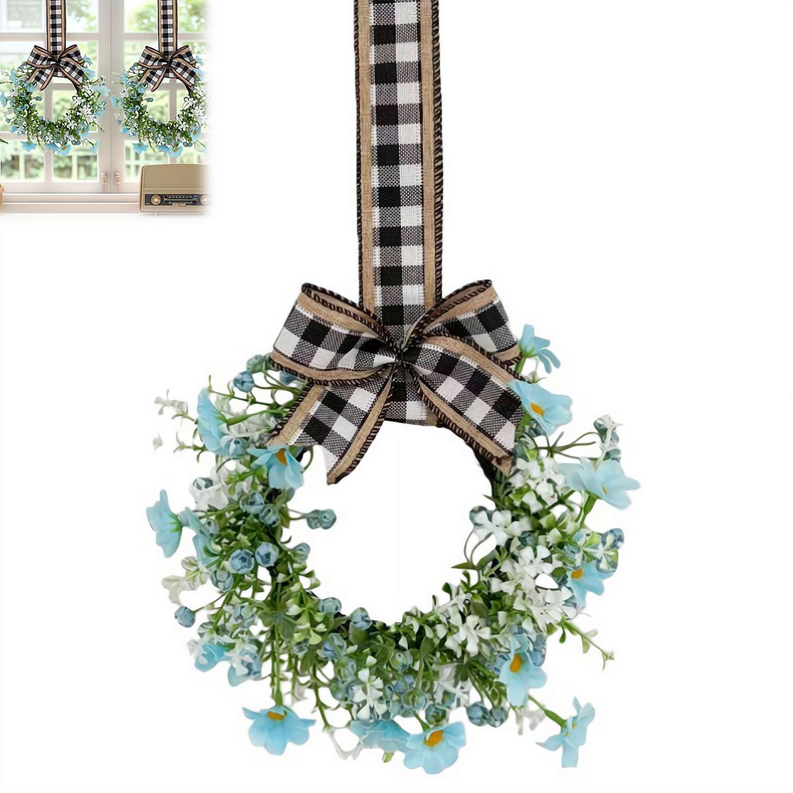 9" Artificial Floral Wreath with Bow – Faux Flower Door Wreath for Front Door, Wall, Window, Spring Easter Home Decor (White/Blue/Pink/Yellow, 1 or 4-Pack)