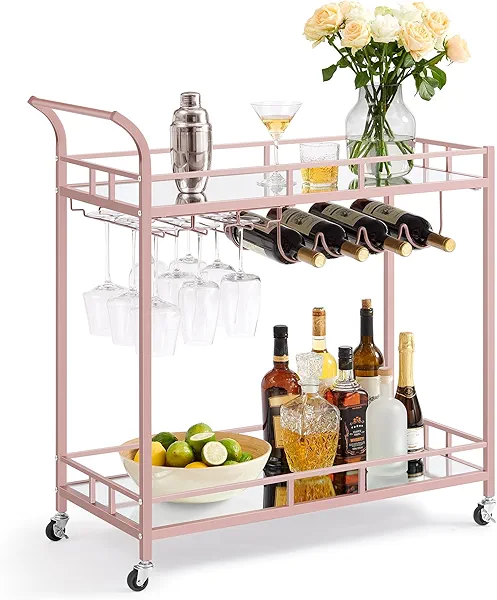 VASAGLE Bar Cart Gold, Home Bar Serving Cart, Wine Cart with 2 Mirrored Shelves, Wine Holders, Glass Holders, for Kitchen, Dining Room, Rose Gold ULRC090A07 Rose Gold 33.9"W