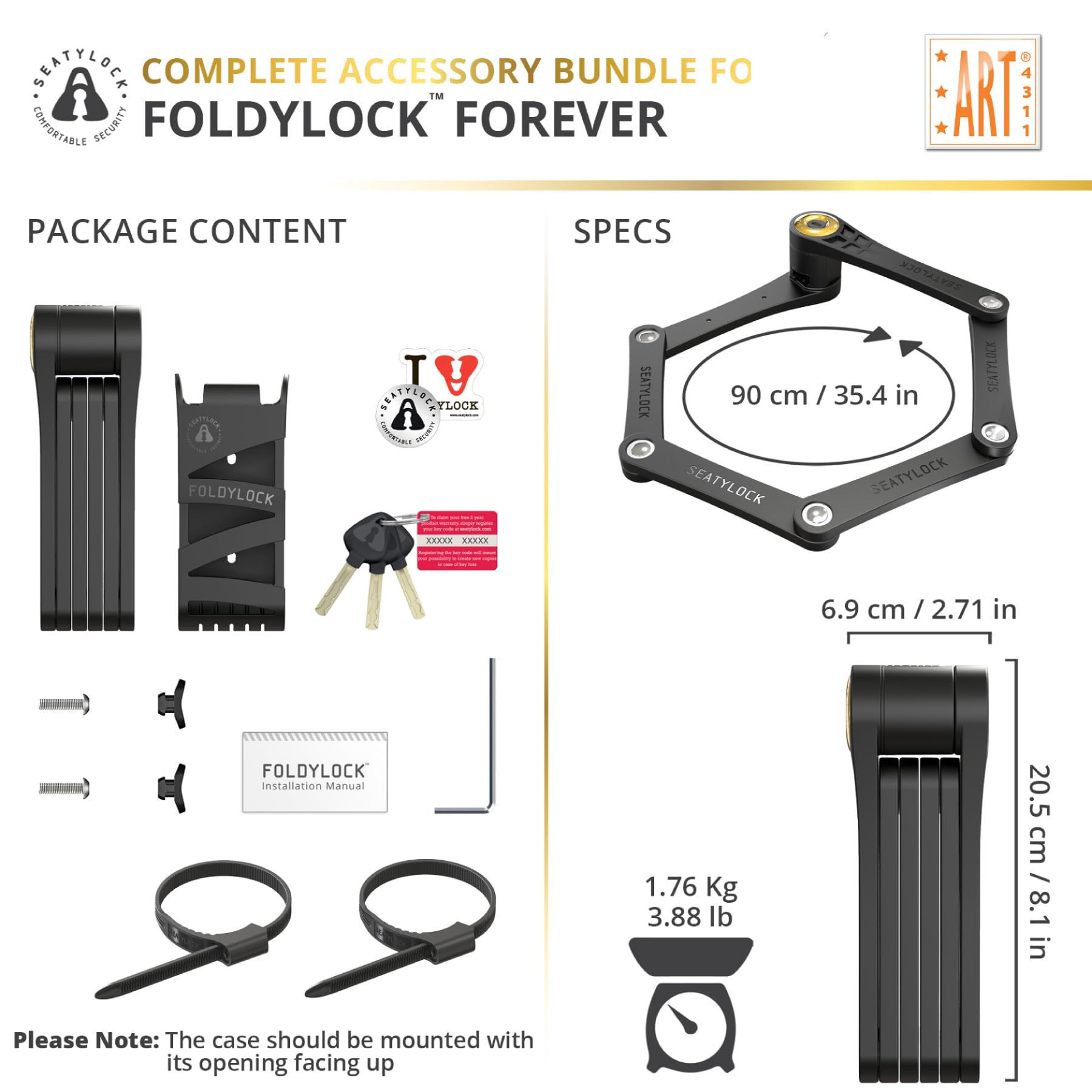 FoldyLock Forever, lucchetto pieghevole per bicicletta, elegante, brevettato, ad alta sicurezza, classificato oro, resistente, antifurto, con chiavi e supporto per custodia per e-bike da città, 90 cm
