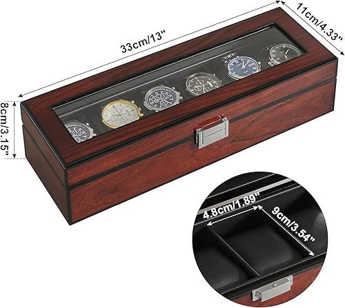 Miniatura 4 de IBUYKE JWB006H - Caja de reloj con almohada extraíble de 6 ranuras de madera maciza para hombre, organizador de joyas con tapa de cristal grande