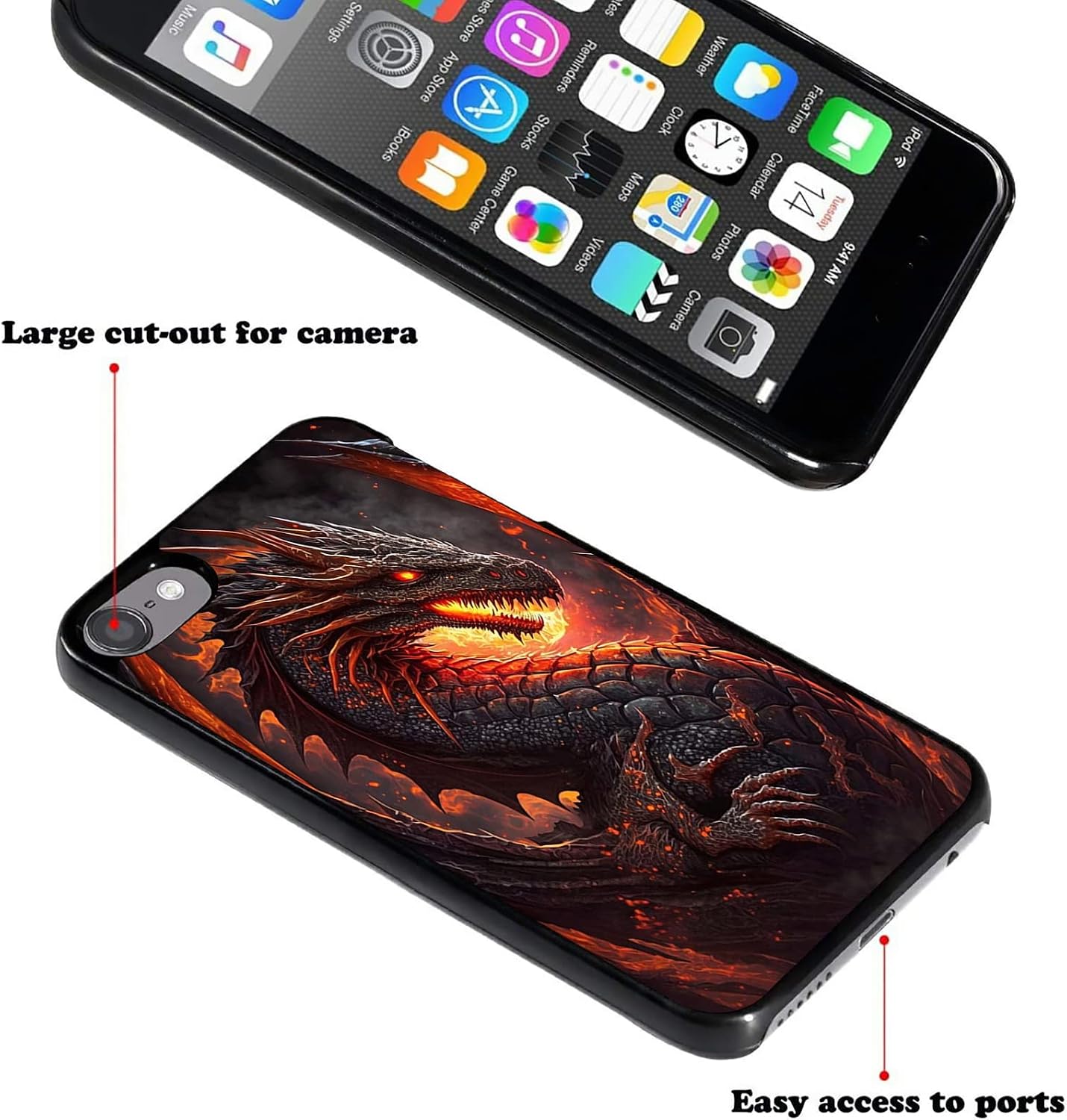 for iPod Touch 7 Case, Slim Back Cover Hard Plastic Protector for Apple iPod Touch 5/6/7 Generation, Dragon in Fire