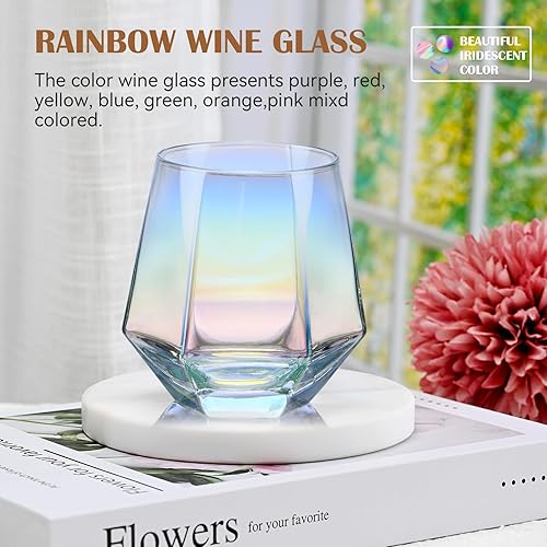 Miniatura 14 de CUKBLESS Juego de 4 copas de vino sin tallo (10 onzas), cristalería iridiscente, moderna copa de vino arcoíris para servir vino blanco, vino tinto