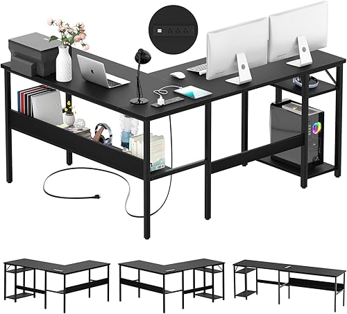 iSunirm Escritorio reversible para computadora en forma de L con toma de corriente mágica y luz LED inteligente, escritorio de esquina de oficina