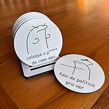 Kit 6 Porta-Copos em MDF 3 mm com Impressão UV 8,5 cm – Frases Divertidas em Português + Suporte 6 mm