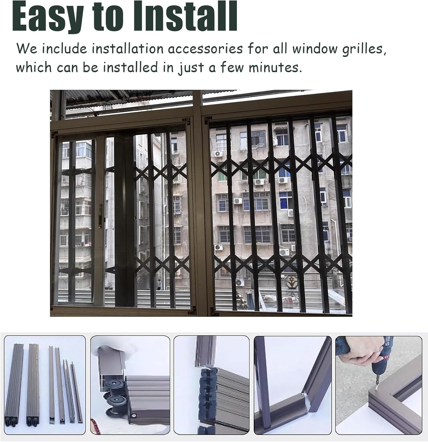 Expandable Gray Home Window Barricade, Lockable Security Grill for Burglary Protection, 24x24in Outdoor Window Guard, Durable Glass Door Frame Lock, Safety & Security Solution