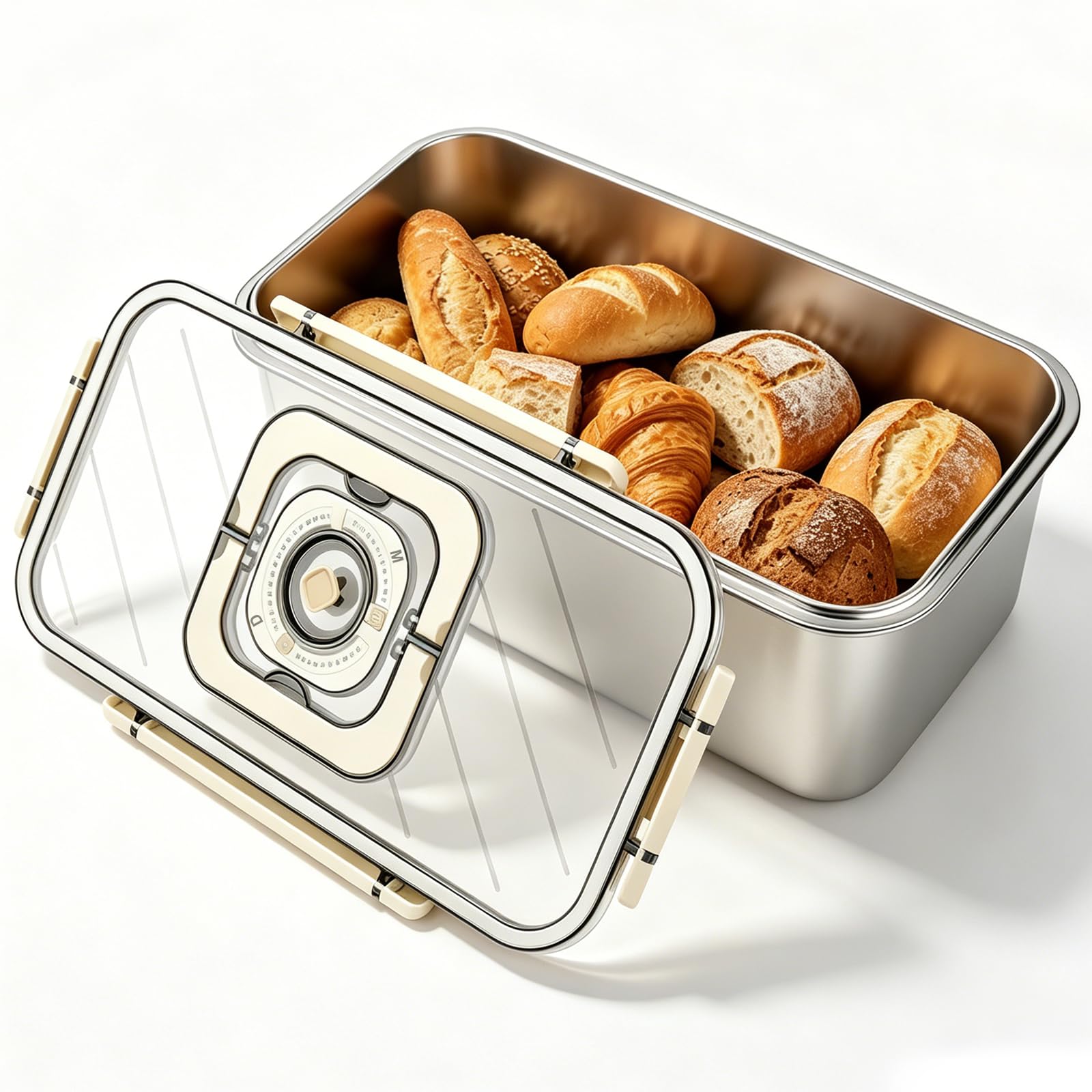 SMRONAR Airtight Bread Bins, Stainless Steel Bread Box with Lid, Time Recording Breads Loaf Keeper for Homemade, Food Storage Containers with Air Valve for Buns, Bagels, Sandwiches & Cookies