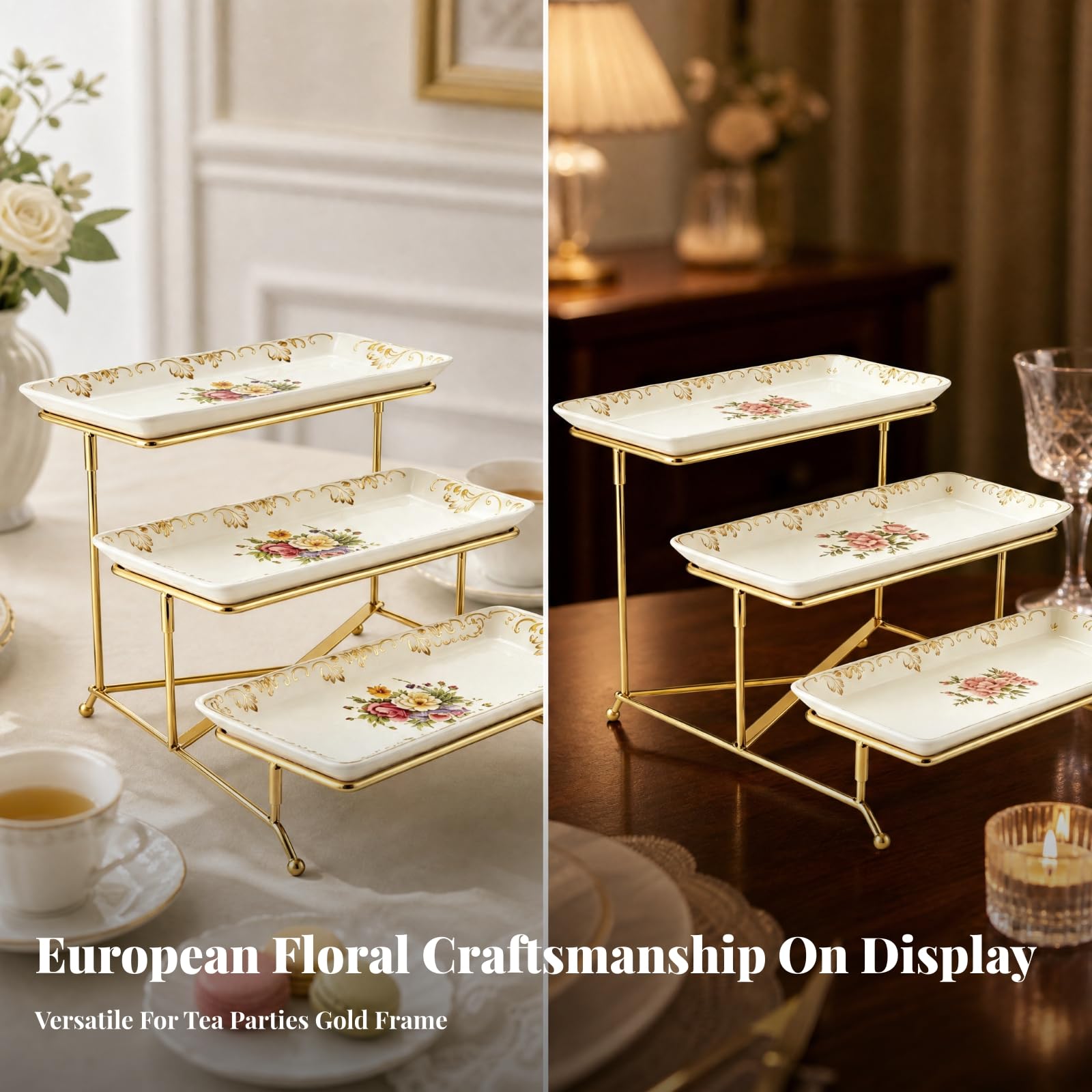 Qianly Alzatina con Vassoi Ceramici e Struttura in Metallo Multiuso Alzatina a Livelli Elegante Servizio Feste, Intrattenimento, Fiori