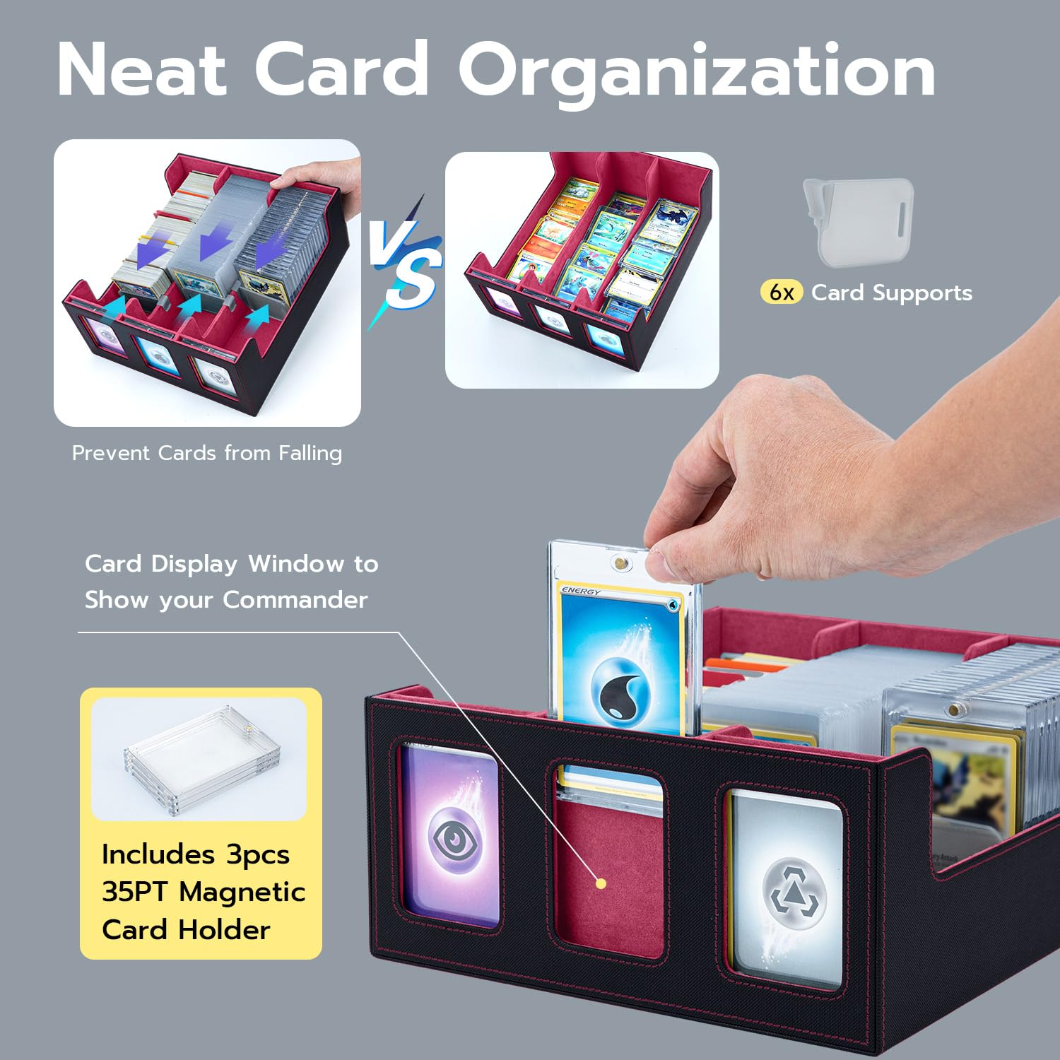 Tolesum MTG-kaartendoos – Met Venster – 3 Rijen – Voor 1800+ Kaarten – Incl. 10 Verdelers, 6 Clips, 3 Magnetische Kaarthouders – Rood – Voor TCG, Magic, Pokémon