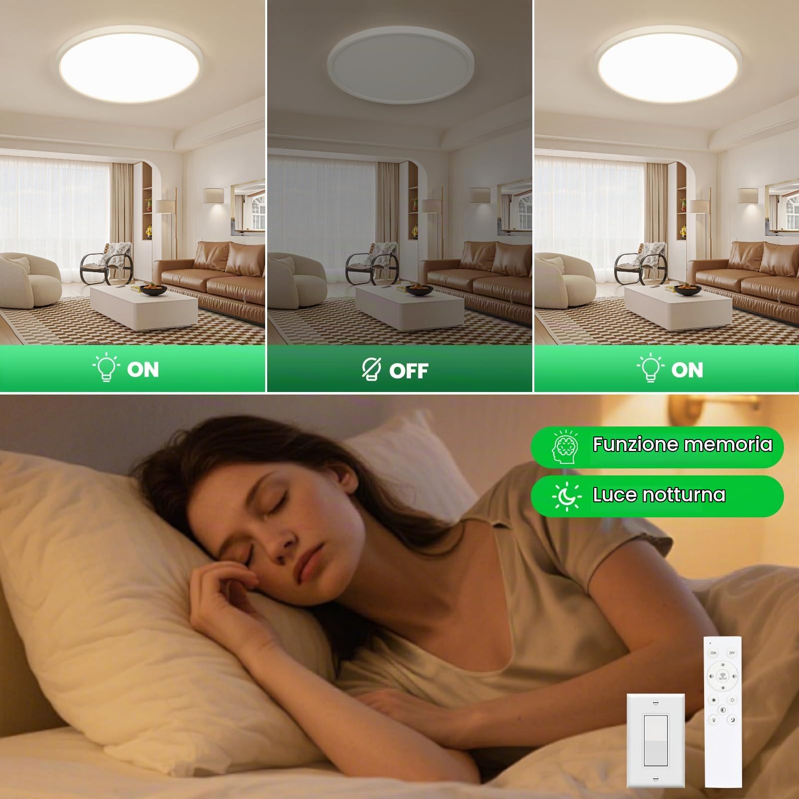 OTREN Plafoniera LED Soffitto Dimmerabile 52W 50CM Lampadario con Telecomando, Modalità Notturna e Memoria, 3000K–6500K, IP44 Impermeabile per Camera da Letto, Cucina e Bagno