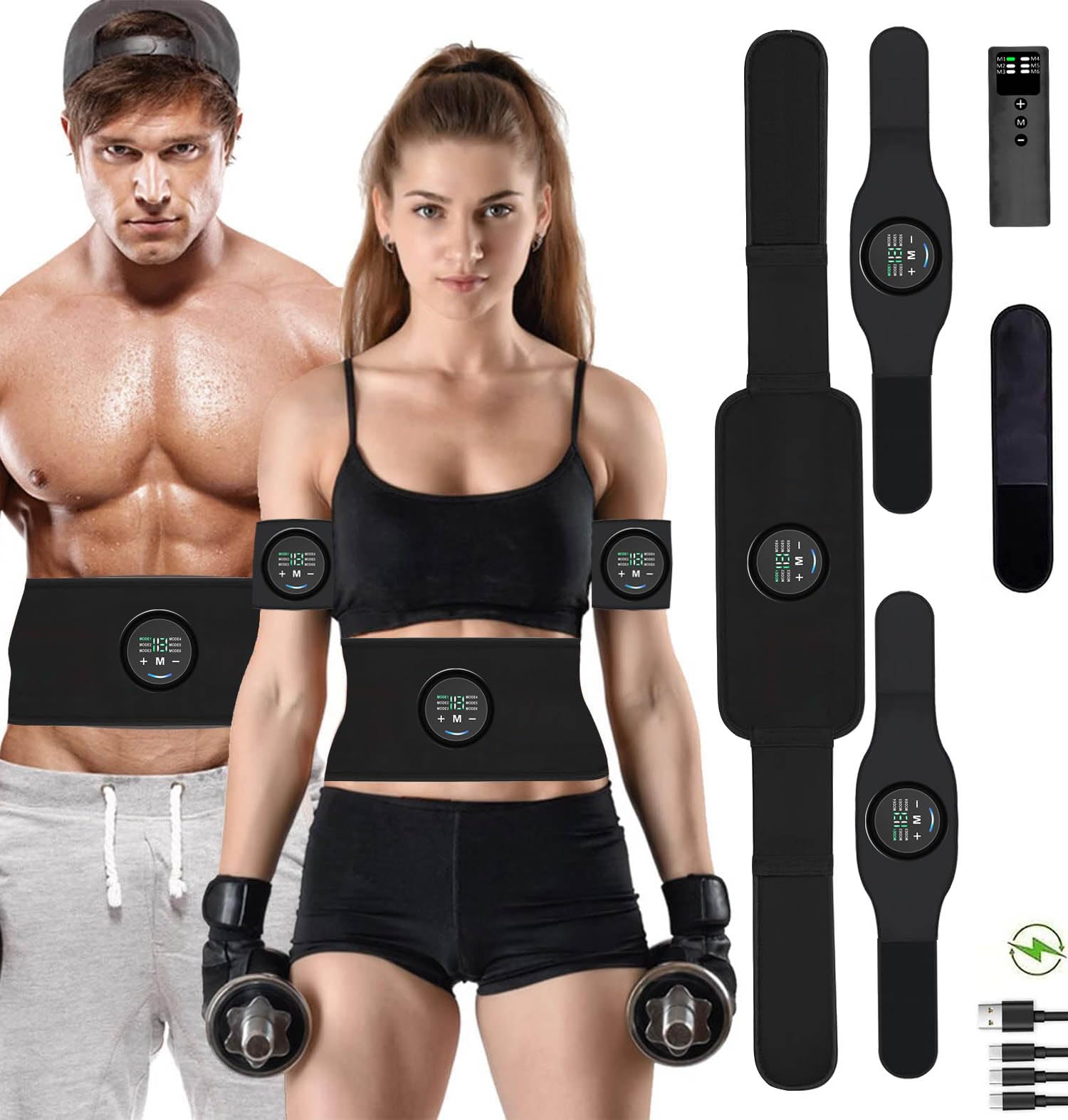 Elettrostimolatore Muscolare EMS - Cintura Addominale E Fasce Per Braccia/Gambe, 6 Modalità, 18 Intensità, Ricarica USB