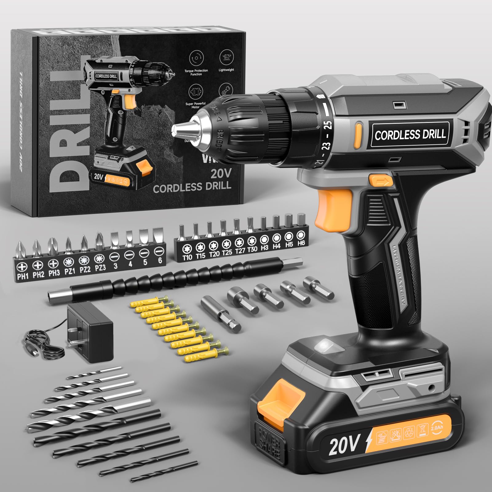 VIWKO Cordless Drill, 20V Electric Combi Drill Set, 25+1 Torque 370 in-lb Power Drills, Electric Screwdriver with 56PCS Accessories LED Light, 2.0Ah Battery Hand Drills Driver for Home Repair DIY Gift