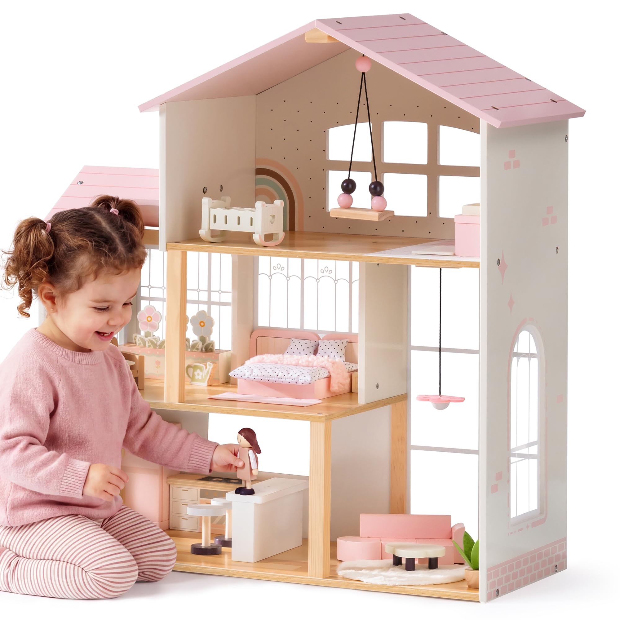 ROBUD Holzpuppenhaus, dreistöckiges Holzpuppenhaus mit 37-teiligem Spielzeugmöbel- und Puppenzubehör-Set–Rollenspiel-Puppenhaus mit 5 Zimmern und Gewächshaus, Spielzeuggeschenk für Kinder ab 3 Jahren