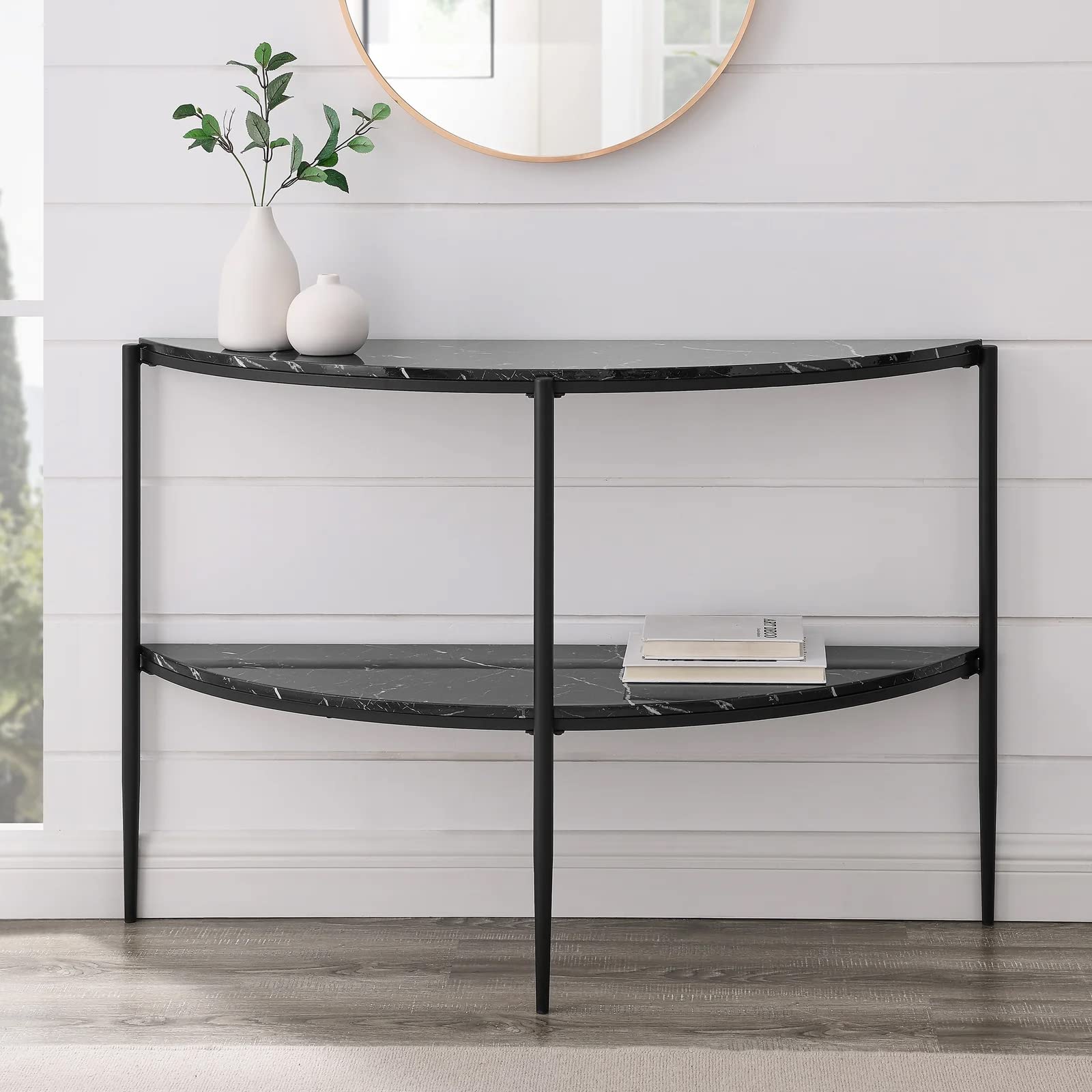 Urbnliving Faux Black Marble Half Moon Round Modern Console Hallway Tiered Table Living Room Sofa Side End Table (Faux Black Marble)