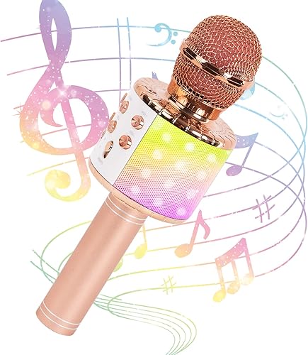 JMFinger Micrófono de karaoke para niños y adultos, micrófono Bluetooth portátil inalámbrico con luces LED, los mejores regalos (oro rosa)