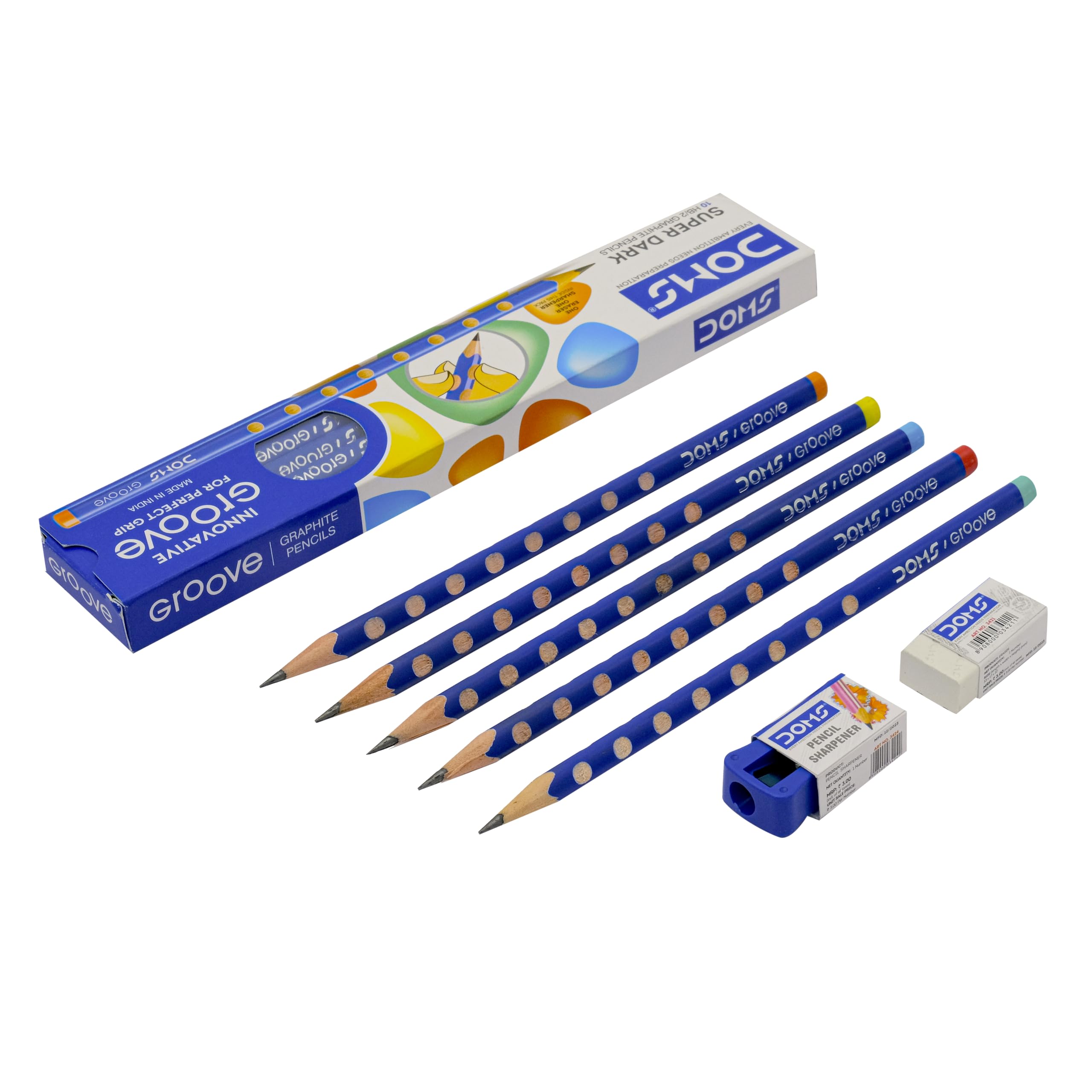 Doms Groove HB/2 Super Dark Graphite Pencil Box Pack | Innovative Groove For Perfect Grip | Free Eraser & Sharpner Inside | Pack of 10 pencil