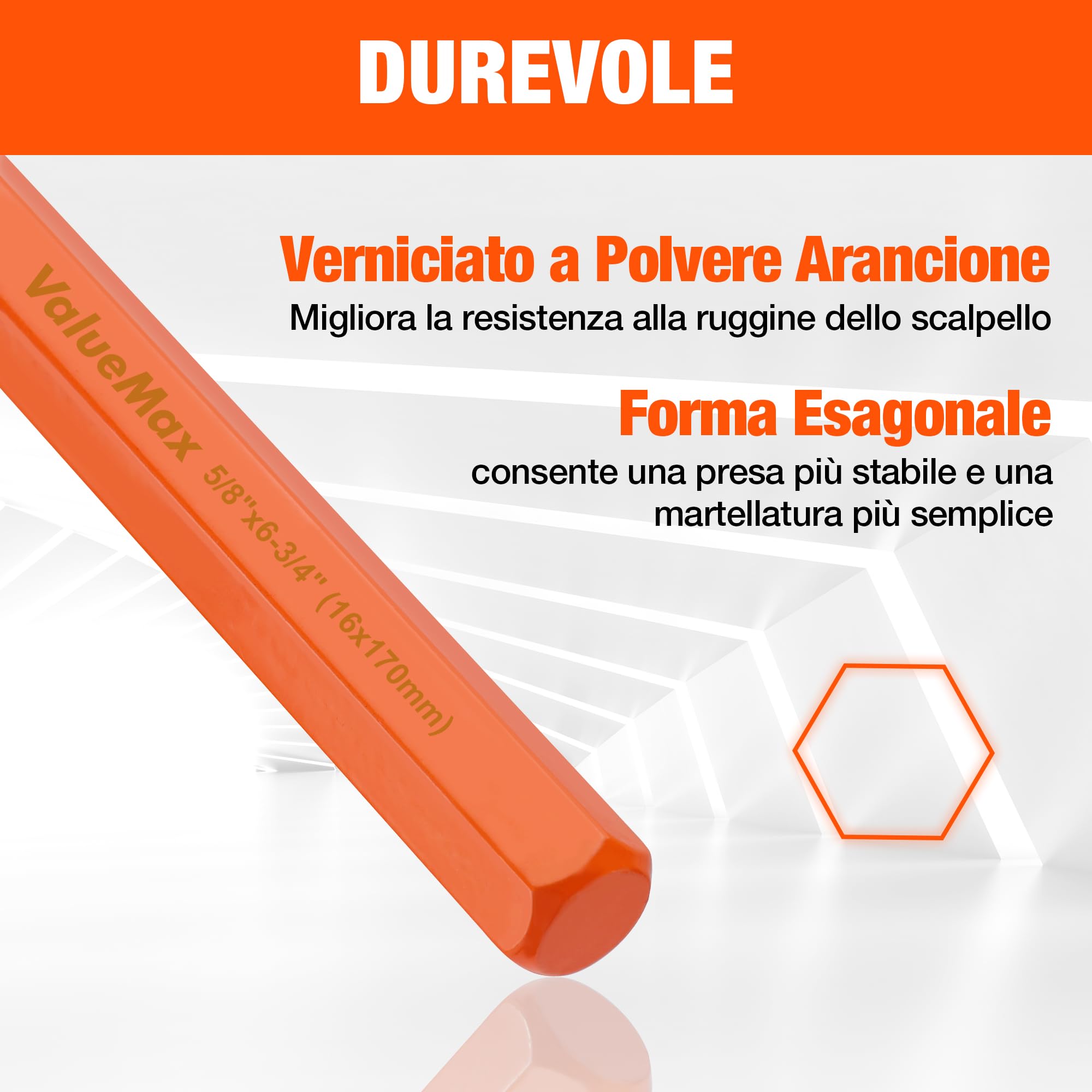 ValueMax Set di Scalpelli da 3 Pezzi, Scalpello Piatto in Acciaio Cr-V, Scalpello a Freddo (10 mm, 12 mm, 16 mm), per Roccia/Pietra/Muratura/Cemento/Malta/Edilizia